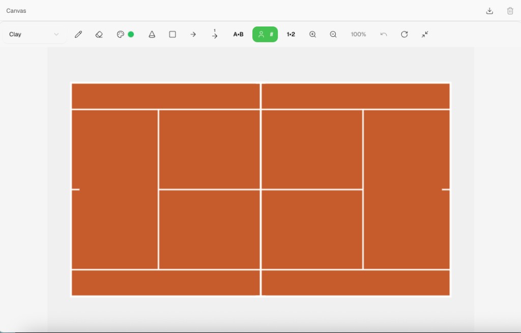 Rallye tennis court canvas on iPad with toolbar