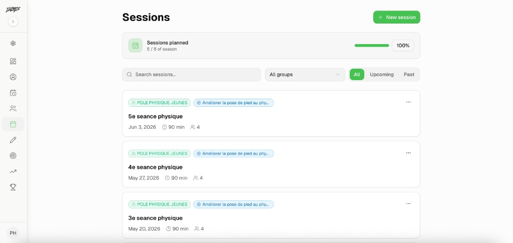 Rallye sessions list on desktop with progress bar and session cards
